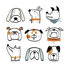 Set with cute hand drawn dogs. Cartoon dog or puppy characters design collection. Set of funny pet animals isolated on white background. Vector funny illustration for kids. Doodle. Seketch.