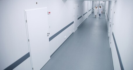 Bright clinic corridor: Female doctor and elderly woman walk down the hallway to hospital ward,...