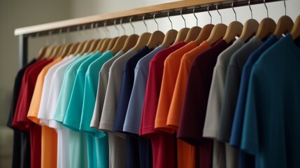 A colorful display of shirts hanging on a wall rack