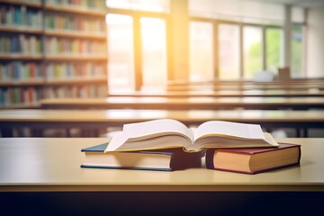 Book open in library with bookshelves,