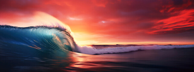  Single rolling wave in the ocean against red sunset