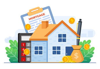 Mortgage and rent concept flat vector illustration vector template, House loan or money investment to real estate, Mortgage loan, Purchasing property, Home loan, Home bank credit