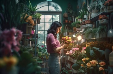 Woman flower arranger. Generate Ai - obrazy, fototapety, plakaty