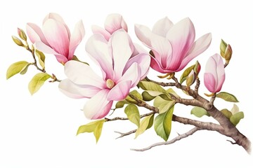 Watercolor magnolia artwork on white background for prints and postcards. Generative AI
