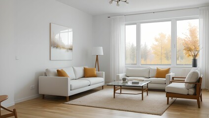 Fototapeta premium A living room with a modern sense. A view with a sofa and a frame, with an autumn atmosphere, and a neat picture of the interior of the apartment. Generative AI