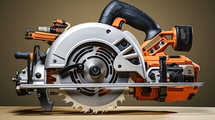 Carpentry tools electric corded circular saw on background factory background.
