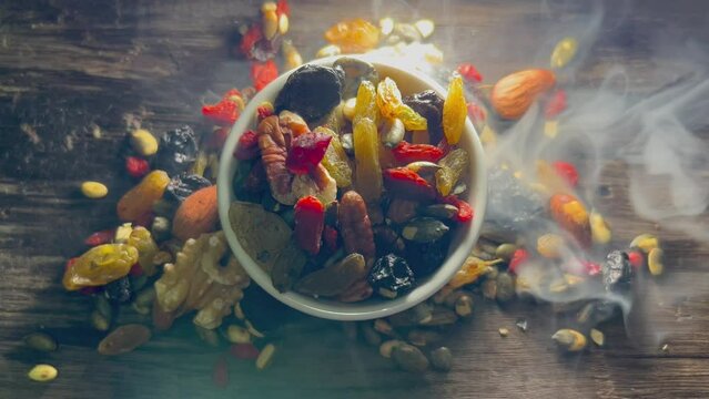 Dried nuts. Cashew, hazelnuts, peanuts, dried apricots, viburnum, raisins.