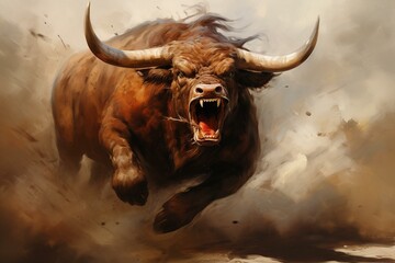 Angry brown bull on a clear background. Generative AI