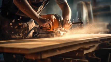 Focused carpenter at work with wooden plank at factory, Carpenter worker concept.