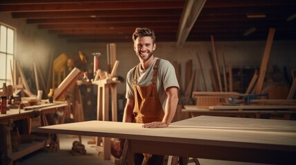 Portrait of carpenter handsome man smiling at factory