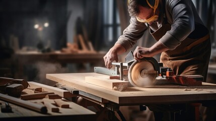 Focused carpenter at work with wooden plank at factory, Carpenter worker concept.
