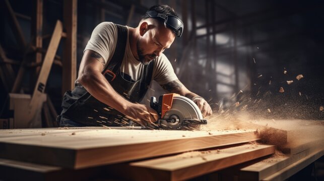 Focused carpenter at work with wooden plank at factory, Carpenter worker concept.
