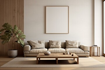 Modern neutral living room with wooden decor and dried plant, showcasing a mock-up frame. Rendered in 3D. Generative AI