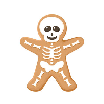 Gingerbread skeleton cookie isolated on white background. Halloween pastries. Vector cartoon flat illustration.