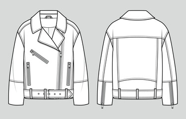 Oversized biker leather jacket. Unisex style. Fashion sketch. Flat technical drawing. Vector illustration.