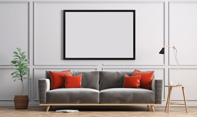 modern living room with grey sofa and red pillows against a white wall, black frame mockup