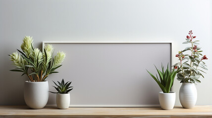 white blank frame on the table with plant pot.