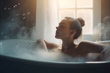 Woman bubble bath at morning. Generate Ai