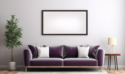 modern living room with purple sofa and white pillows, black frame mockup