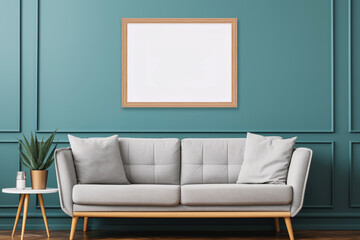 living room with light grey sofa and wooden frame, mockup