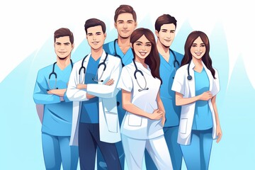 Fototapeta premium Group of hospital medical staff standing together. Male and female doctors and nurses