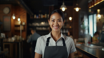 Radiant Service: A Portrait of a Happy and Smiling Asian Female Waiter, or Small Business Owner, Exuding Warmth and Hospitality in a Cozy Coffee Shop Setting.
