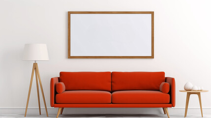 modern living room with red sofa on a white wall, mockup wooden frame poster