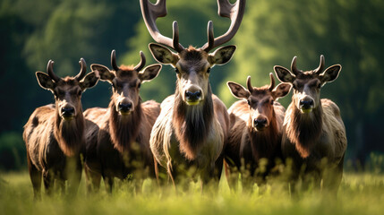 A group of moose on green grass close-up
