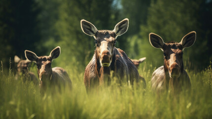 A group of moose on green grass close-up