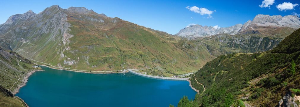 Lake Morasco, in the Upper Val Formazza, during a day of late summer, near the town of Riale, Piedmont, Italy - September 2023.