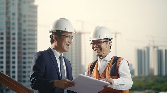 Asian engineer works on a construction site during a project. generative ai