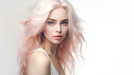 Fototapeta premium close-up portrait of a young woman looking at the camera on a white background, clean fresh skin, face care, facial treatment, cosmetology, beauty, and spa