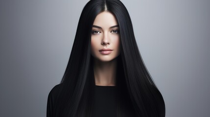Fototapeta premium Pretty face of young woman with long white hair - posing at studio over gray background. generative ai
