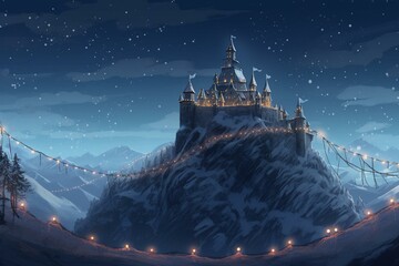 Illustration of a frozen light castle adorned with Christmas garland on a wintery night hill, featuring a historic medieval fortress in the background. Generative AI - obrazy, fototapety, plakaty