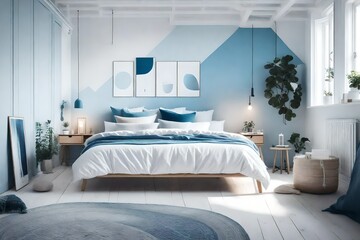 a calming Scandinavian bedroom with a palette inspired by the sea: blues and whites 