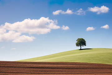 minimalistic generative image Tree on a green grass hill  against blue sky with white clouds sunny day