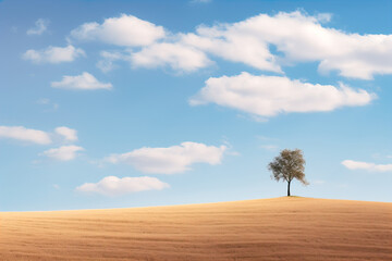 minimalistic generative image Tree on a hearthy tone hill  against blue sky with white clouds sunny day