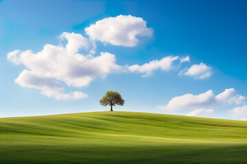 minimalistic generative image Tree on a green grass hill  against blue sky with white clouds sunny day