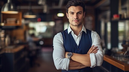 portrait of a businessman with arms crossed in restaurant - obrazy, fototapety, plakaty