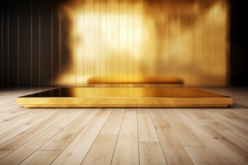 Wooden wall with ad space, light background, golden desk, glossy floor. Generative AI