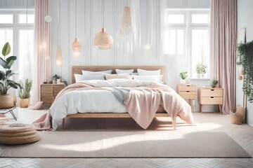 Fototapeta na wymiar Design a Scandinavian bedroom with a soft pastel color palette 