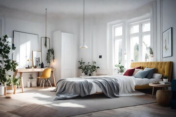 Experiment with a Scandinavian bedroom that features pops of vibrant primary colors 