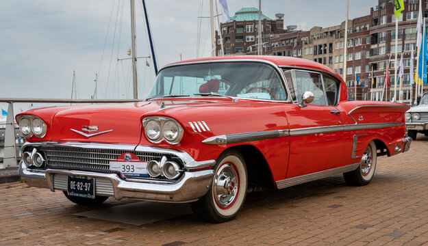 Lelystad, The Netherlands, 18.06.2023, Front view of retro Chevrolet Impala from 1958 at The National Oldtimer Day
