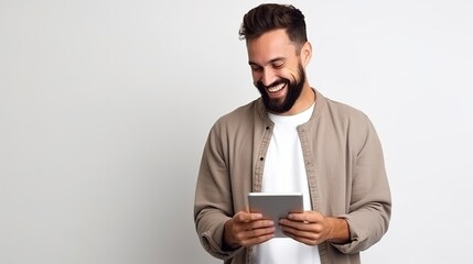 Smiling Businessman using tablet computer on white background. generative ai