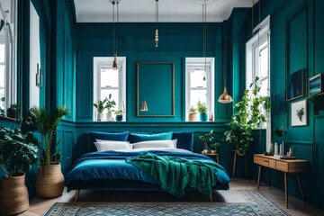 a vibrant Scandinavian bedroom using jewel tones like emerald green and sapphire blue  - obrazy, fototapety, plakaty