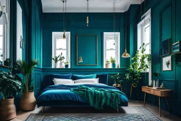 Poster a vibrant Scandinavian bedroom using jewel tones like emerald green and sapphire blue  © ayesha