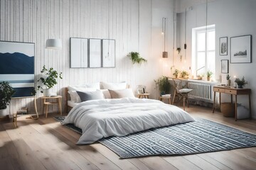 a Scandinavian bedroom with traditional Nordic patterns, such as Nordic crosses 