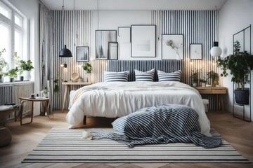 a Scandinavian bedroom with a mix of striped and checkered textiles 