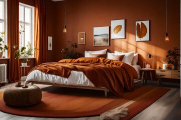 a Scandinavian bedroom with a warm and cozy autumn color scheme, featuring deep oranges and browns 