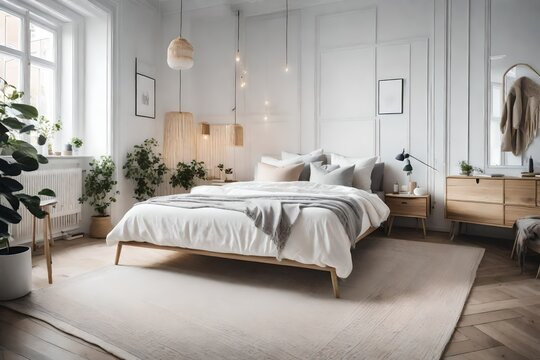 a Scandinavian bedroom with a neutral color palette of whites, grays, and beige 